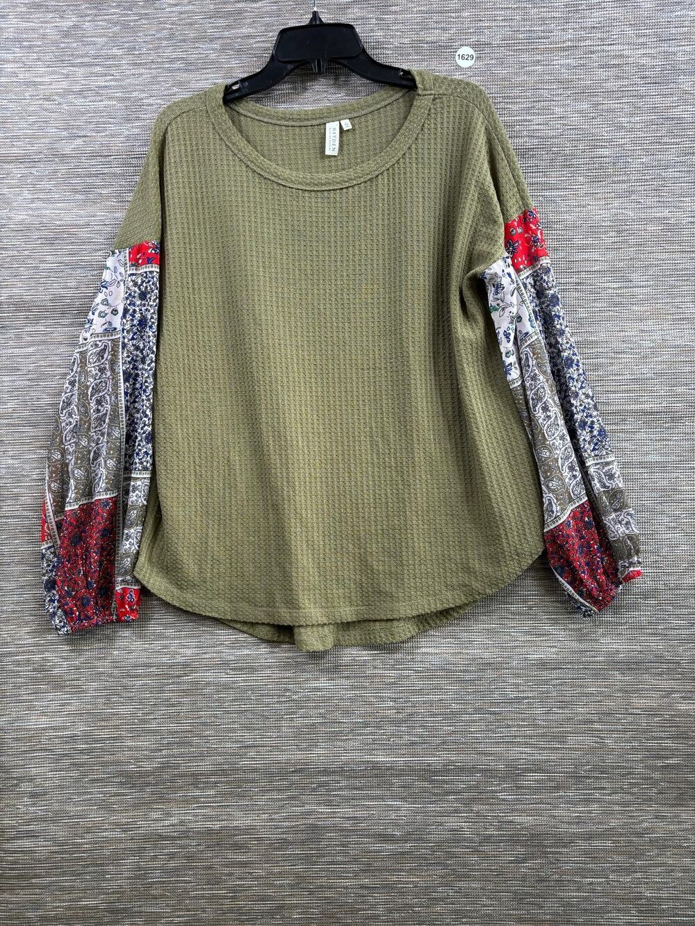 Hayden Los Angeles Top Womens Size L Green Paisley Balloon Sleeve Boho Tunic